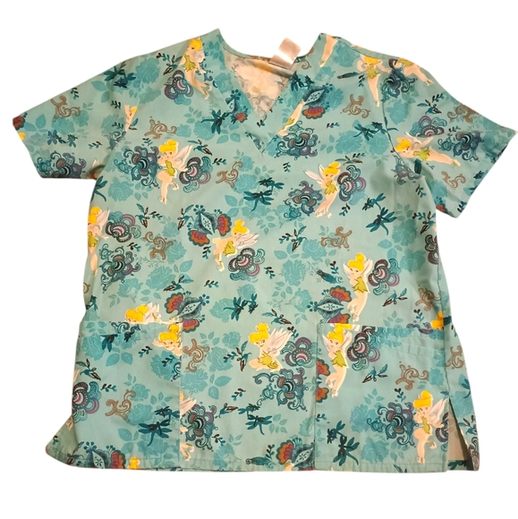 Disney Scrub Top Womens Medium  Blue Teal Yellow Multi Tinkerbell Print Pockets - Picture 1 of 14